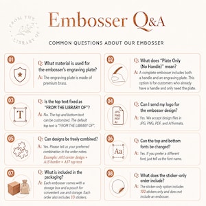 May include: An informational graphic titled Embosser Q&A featuring eight numbered sections with icons and text. It addresses common questions about brass engraving plates, handle options, custom logo files, font choices, and packaging details for embossers.