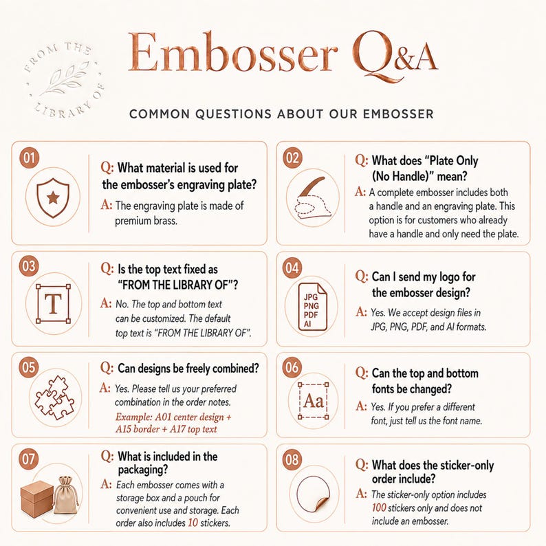 May include: An informational graphic titled Embosser Q&A featuring eight numbered sections with icons and text. It addresses common questions about brass engraving plates, handle options, custom logo files, font choices, and packaging details for embossers.