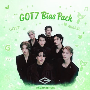 May include: A promotional image for a GOT7 Bias Pack, featuring a group of seven men in black outfits against a light green background. The text "GOT7 Bias Pack" is in green, with additional text and graphics. The image includes the text "@XOXO.DEMURE".