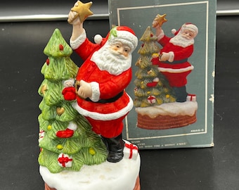 Vintage Mann Santa Christmas Tree Fine Bisque Porcelain Music Box