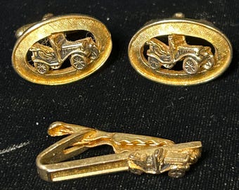 Vintage Shields Car Cufflinks and Tie Clip Set