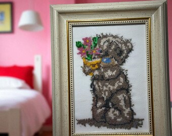 Handmade Cross Stitch Teddy Bear Bouquet Portrait Framed Nursery Wall Art Unique Baby Gift