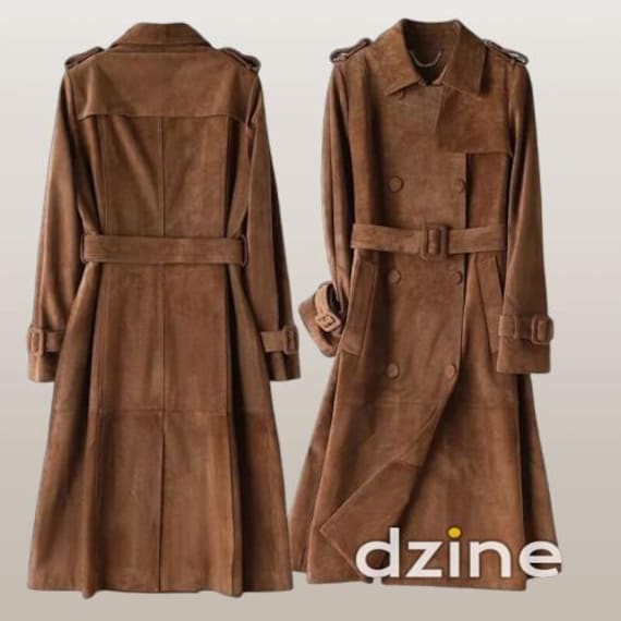 Women's Genuine Goatskin Suede long Leather Trench Coat - Long Black Winter Jacket, Perfect Gift & Stylish Blazer Design