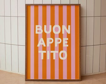 Buon Appetito Poster, afdrukbare poster roze oranje citaat, Italiaanse citaten kunst aan de muur, kleurrijke retro prints, appartement esthetische decor