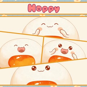 Puede incluir: Una ilustraci&oacute;n de dibujos animados de un huevo feliz con una yema amarilla. El huevo se muestra en cuatro poses diferentes, con una cara sonriente y brazos y piernas. El texto "Hoppy" est&aacute; escrito en letras rosas en la parte superior de la imagen.
