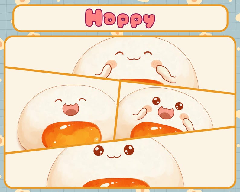 Puede incluir: Una ilustraci&oacute;n de dibujos animados de un huevo feliz con una yema amarilla. El huevo se muestra en cuatro poses diferentes, con una cara sonriente y brazos y piernas. El texto "Hoppy" est&aacute; escrito en letras rosas en la parte superior de la imagen.