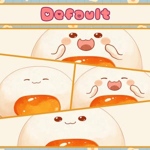 Puede incluir: Cuatro ilustraciones de dibujos animados de un huevo blanco con una yema amarilla, cada una con una expresi&oacute;n facial diferente. El huevo sonr&iacute;e, se sonroja, r&iacute;e y parece sorprendido. Las ilustraciones est&aacute;n sobre un fondo azul con un borde blanco.