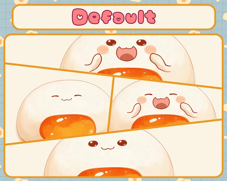 Puede incluir: Cuatro ilustraciones de dibujos animados de un huevo blanco con una yema amarilla, cada una con una expresi&oacute;n facial diferente. El huevo sonr&iacute;e, se sonroja, r&iacute;e y parece sorprendido. Las ilustraciones est&aacute;n sobre un fondo azul con un borde blanco.