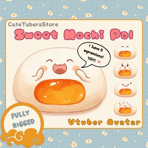 Puede incluir: Un personaje de mochi de dibujos animados con una yema de huevo amarilla, sonriendo y sosteni&eacute;ndose las mejillas. El personaje tiene cinco expresiones diferentes, incluyendo feliz, sorprendido, enojado y t&iacute;mido. El texto "Sweet Mochi Pal" y "Vtuber Avatar" tambi&eacute;n se incluye en la imagen.