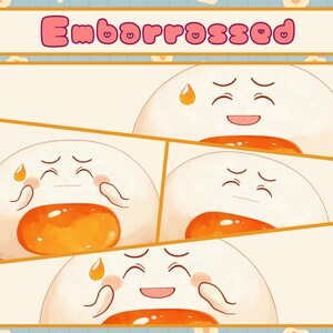 Puede incluir: Una ilustraci&oacute;n de dibujos animados de un huevo amarillo con yema, con diferentes expresiones faciales. El huevo se sonroja y tiene una l&aacute;grima rodando por su mejilla. El texto "Embarrassed" est&aacute; escrito sobre el huevo.