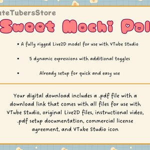 Puede incluir: Una ilustraci&oacute;n digital de un personaje de mochi rosa y blanco con el texto "Sweet Mochi Pal" y una descripci&oacute;n de las caracter&iacute;sticas del producto, que incluyen un modelo Live2D completamente equipado para usar con VTube Studio, 5 expresiones din&aacute;micas con interruptores adicionales y una configuraci&oacute;n para un uso r&aacute;pido y f&aacute;cil.