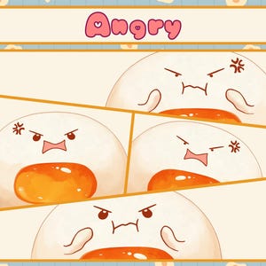 Puede incluir: Una ilustraci&oacute;n de dibujos animados de un huevo blanco con una yema amarilla, que muestra diferentes expresiones de enojo. El huevo tiene una boca roja, ojos negros y una marca roja de enojo en su cara. El texto "Angry" est&aacute; escrito en letras rosas en la parte superior de la imagen.