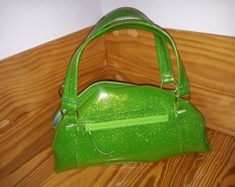 Lime Green Glitter Vinyl Purse Bowling Bag green Zipper Pocket Sparkle!