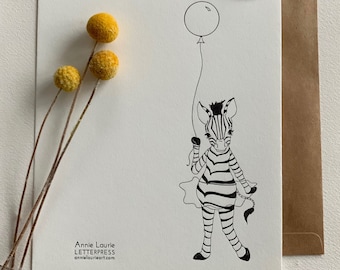 Letterpress Greeting Card - Zebra with Balloon