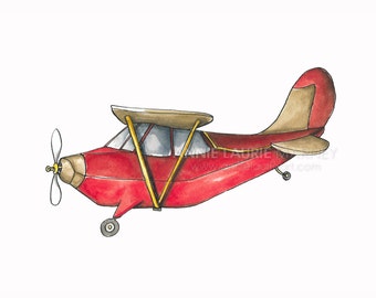 Vintage Airplane - 8x10" Watercolor Print - Red and Beige Airplane, Aviation, Plane