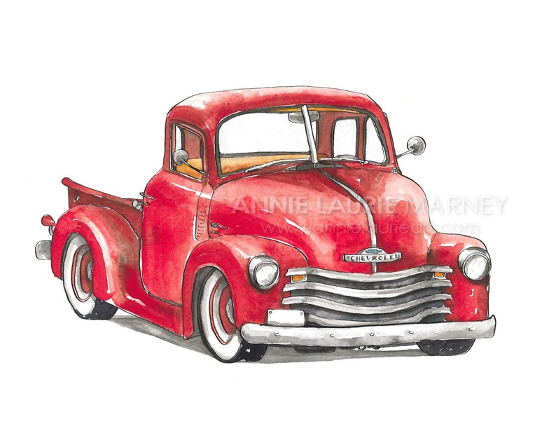 Vintage Chevy Truck 8x10 Watercolor Print Red Truck image 1