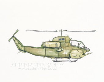 Vintage Helicopter - 8x10" Watercolor Print  - Green Helicopter, Aviation, Chopper