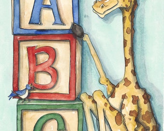 Giraffe ABC Blocks  - 9x12" Watercolor - Alphabet Print