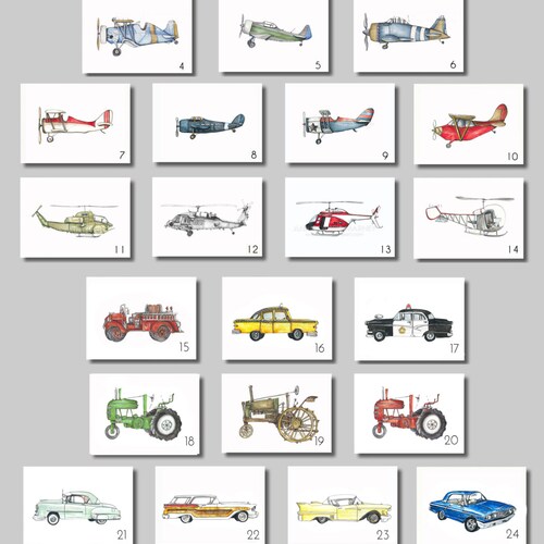 Impressions vintage - 8x10" Aquarelle Prints (SET OF 4) - Aviation, Camions, Tracteurs