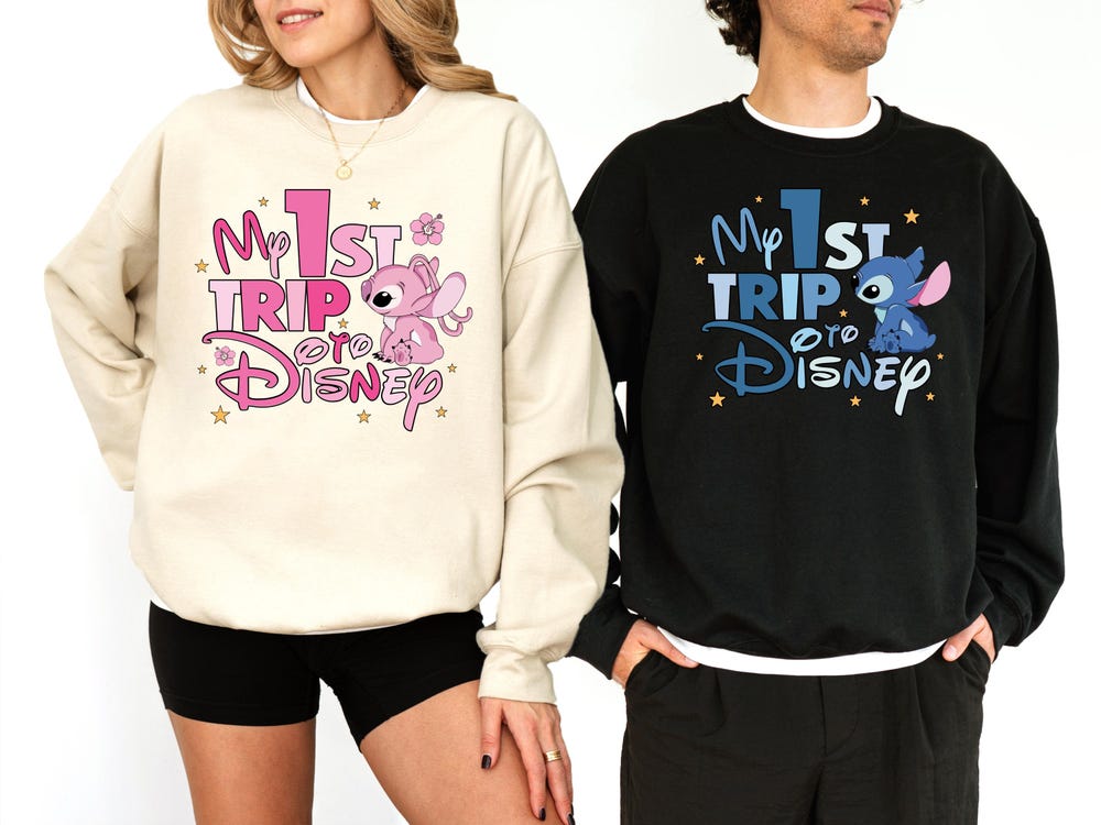 My First Disney Trip 2025 Sweatshirt, Disney Stitch & Angel Hoodie, Disneyworld Vacation Sweater, Disneyland Family Trip Sweatshirts New Fashion