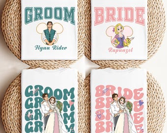 Shirt prinses Rapunzel bruid en Flynn Rider bruidegom, Disney Tangled Wedding Shirt, Disneyland Honeymoon bijpassende Tee, Just Married Couple-T-shirt