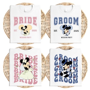 Camiseta de Minnie y Mickey para el novio, camiseta de fiesta de bodas de Disney 2025, camiseta de pareja de recién casados, camiseta a juego de luna de miel de Disneyland