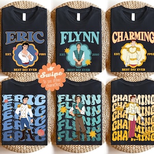 May include: Black t-shirts with character designs. The shirts feature the names "Eric", "Flynn", and "Charming" in various fonts, along with character illustrations and the text "Best Day Ever". The shirts also include the years 1989, 2010, and 1992.