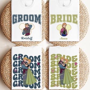 four white t-shirts with different designs and text related to weddings.