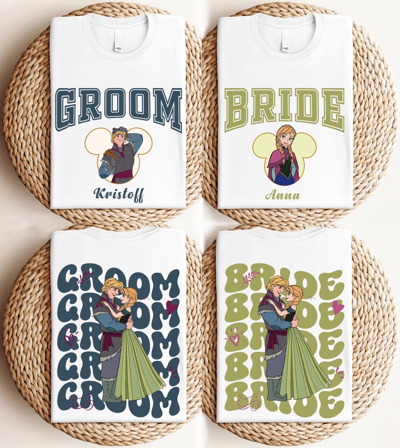 four white t-shirts with different designs and text related to weddings.