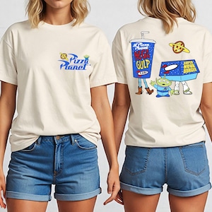 a pair of women wearing t - shirts with cartoon characters on them