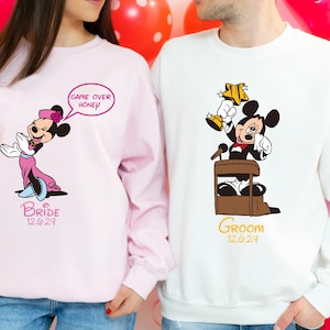 Minnie Bride & Mickey Groom Shirt, Disney Custom Wedding Shirt, Disney Game Over Honey Shirt, WDW Honeymoon Trip Matching Sweatshirt