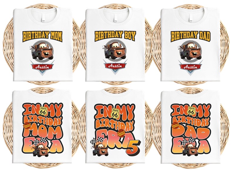 a set of four birthday shirts with a bear on the front