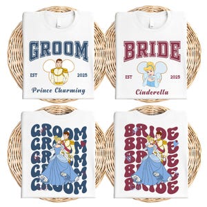 Princess Cinderella Bride and Prince Charming Groom Shirt, Disney Custom Wedding Shirt, WDW Honeymoon Matching Tee, Just Married Couple Tee