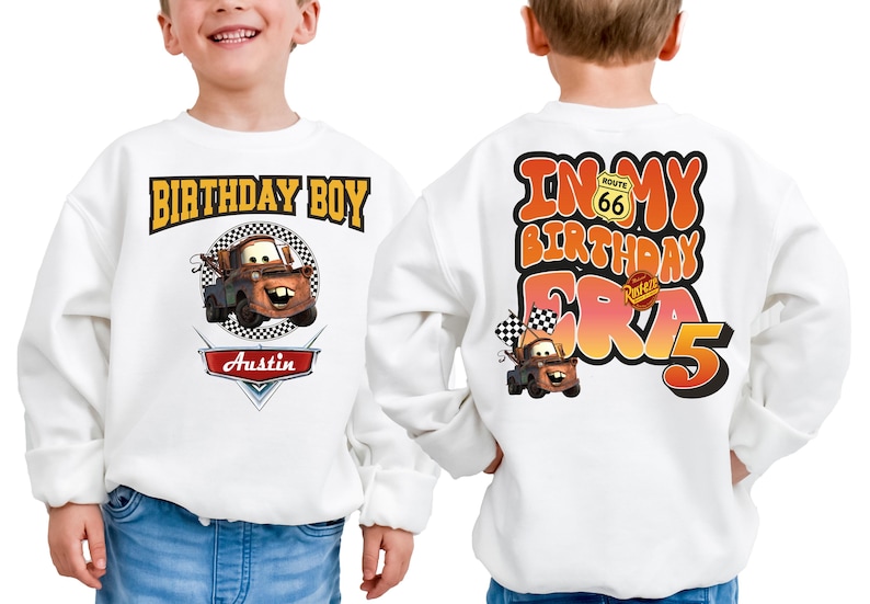 two young boys wearing birthday sweatshirts with cartoon characters on them