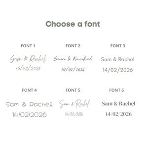 A white background displays six font options for text. Each font sample shows the names "Sam & Rachel" and the date "14/02/2026". The text "Choose a font" is at the top in a gray color.