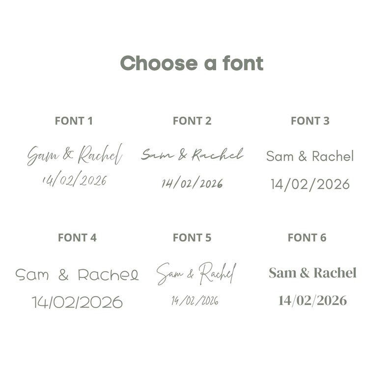 A white background displays six font options for text. Each font sample shows the names "Sam & Rachel" and the date "14/02/2026". The text "Choose a font" is at the top in a gray color.