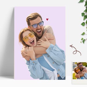 A portrait of a couple embracing, with the man hugging the woman from behind. The woman wears yellow sunglasses, and the man wears glasses. A small red heart is above their heads. The image is on a light purple background.