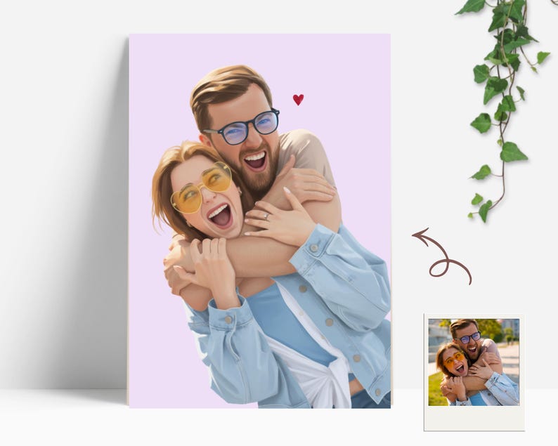 A portrait of a couple embracing, with the man hugging the woman from behind. The woman wears yellow sunglasses, and the man wears glasses. A small red heart is above their heads. The image is on a light purple background.