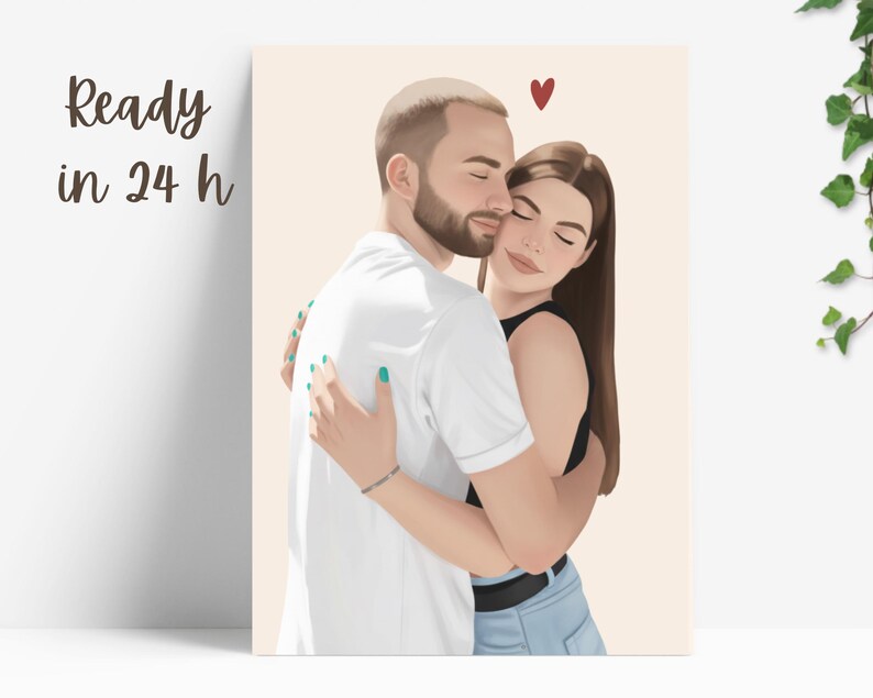 Illustration of a couple embracing, with a red heart above them. The man wears a white shirt, and the woman wears a black top and blue jeans. The text "Ready in 24 h" is on the left side of the image.