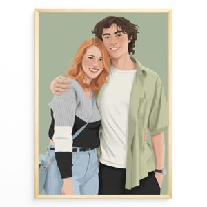 A framed digital illustration of a couple embracing, set against a muted green backdrop. The woman has red hair and is wearing a gray and black sweater, light blue jeans, and a light blue purse. The man has dark hair and is wearing a green shirt and black pants.