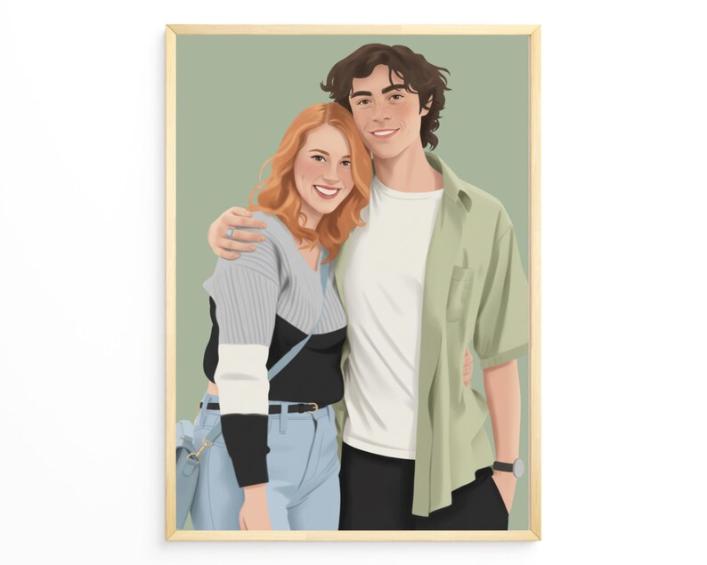 A framed digital illustration of a couple embracing, set against a muted green backdrop. The woman has red hair and is wearing a gray and black sweater, light blue jeans, and a light blue purse. The man has dark hair and is wearing a green shirt and black pants.