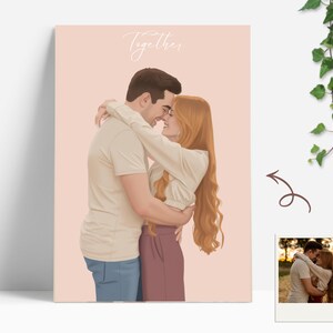 A digital illustration of a couple embracing, set against a soft pink background. The artwork features a man and a woman in a tender embrace, with the word "Together" scripted at the top. The woman has long red hair, and the man has dark hair.