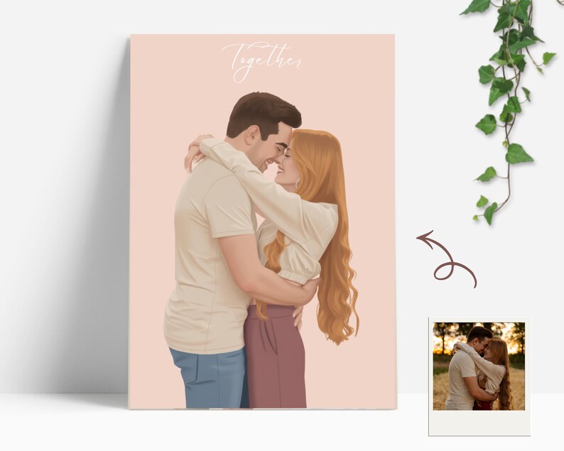 A digital illustration of a couple embracing, set against a soft pink background. The artwork features a man and a woman in a tender embrace, with the word "Together" scripted at the top. The woman has long red hair, and the man has dark hair.