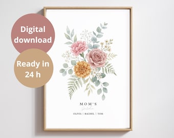 Jardín de Mamá / Estampado de Ramo de Flores de Nacimiento / Regalo para el Día de la Madre / Estampado Floral Personalizado