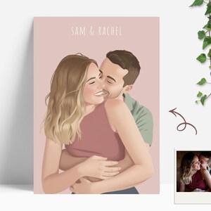 A digital illustration of a couple embracing, with the text "SAM & RACHEL" at the top. The woman wears a red top, and the man wears a green shirt. The background is a soft pink. A small photo of the couple is in the bottom right corner.