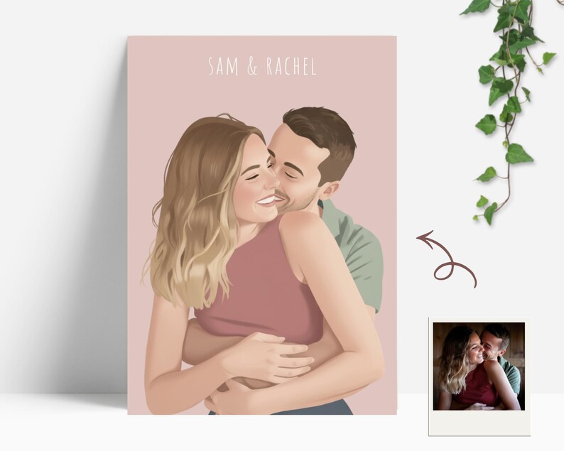A digital illustration of a couple embracing, with the text "SAM & RACHEL" at the top. The woman wears a red top, and the man wears a green shirt. The background is a soft pink. A small photo of the couple is in the bottom right corner.