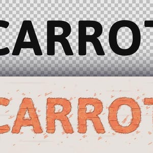 Puede incluir: Imagen que muestra la palabra "ZANAHORIA" en dos estilos. El texto superior está en negrita negra, mientras que el texto inferior es naranja con una textura de vetas de madera. La palabra "ANTES" está a la izquierda y "DESPUÉS" a la derecha.