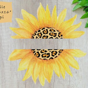 Könnte beinhalten: Aquarellillustration von zwei gelben Sonnenblumen mit Leopardenmuster-Mittelpunkten. Das Bild enthält den Text "PNG file Size: 16x16" 300 dpi". Die Sonnenblumen sind vor einem hellen Holzmaserungshintergrund.