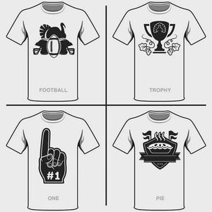 May include: Four white t-shirts with black graphic designs. The designs include a football with a turkey, a trophy, a foam finger with the text "#1", and a pie with a banner. Each shirt has a corresponding word below the design.