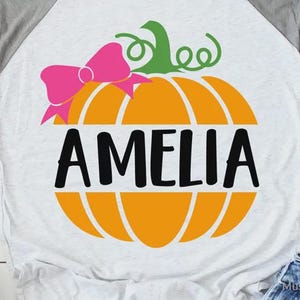 Könnte beinhalten: Ein weiß-graues Raglan-T-Shirt mit einer Grafik eines orangefarbenen Kürbisses mit grünem Stiel und einer leuchtend pinken Schleife. Der Name AMELIA ist in fetten, schwarzen Großbuchstaben quer über die Mitte des Kürbismotivs gedruckt.